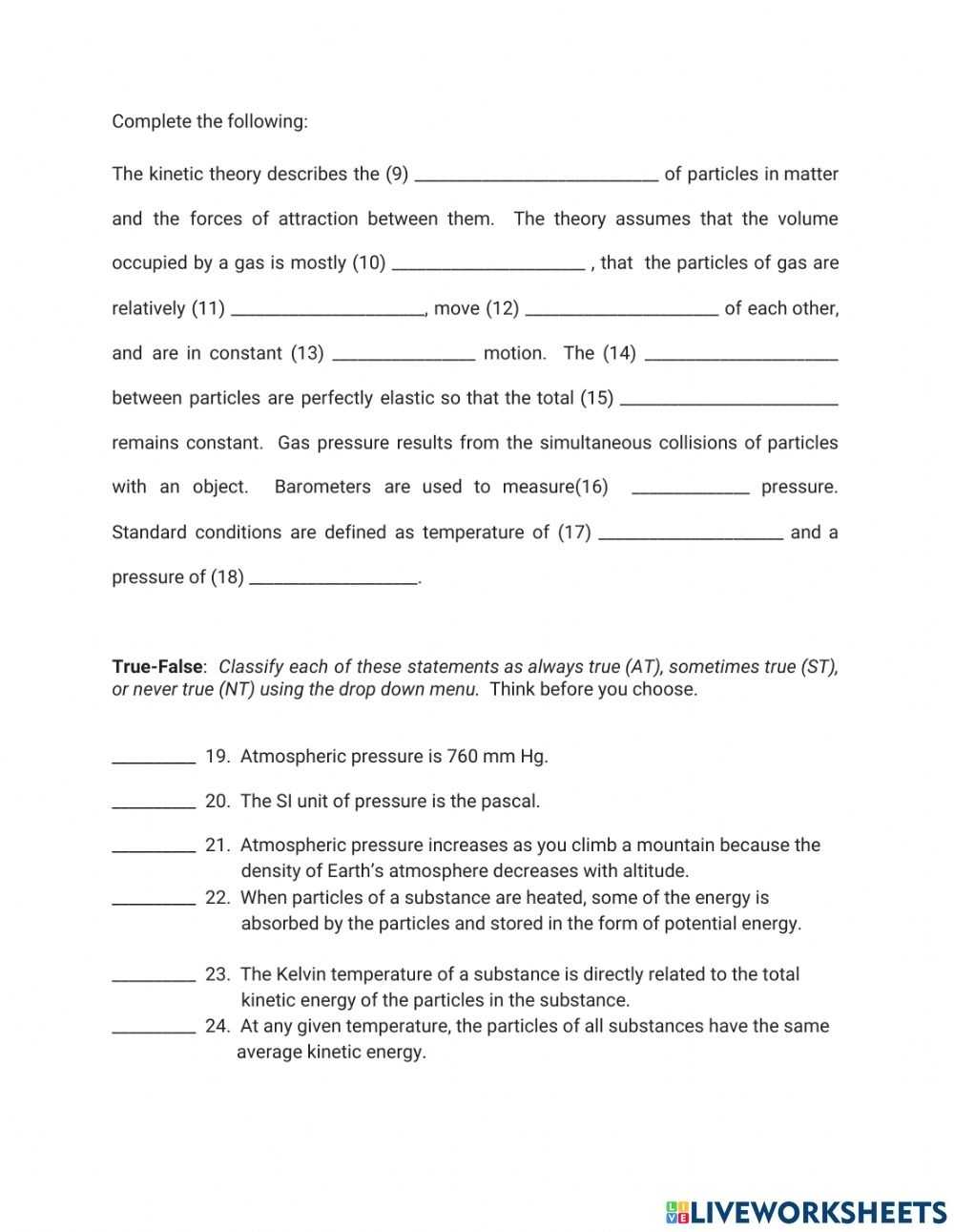 Chemistry Kinetic Molecular Theory Part 1 Study Guide Interactive Worksheet Throughout Kinetic Molecular Theory Worksheet