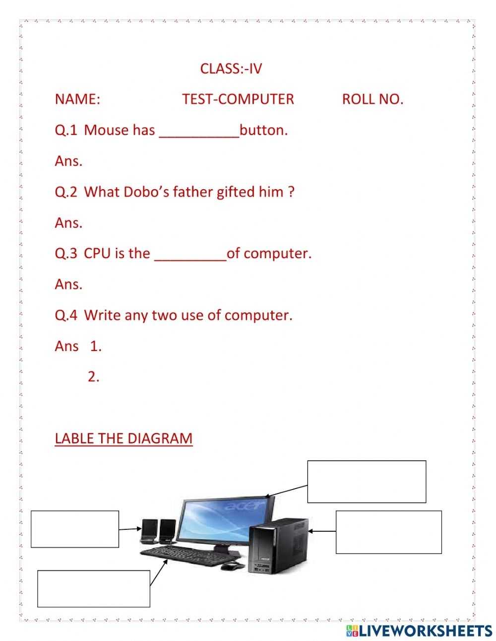 Class 4 Computer Test Ch 1 Worksheet Intended For Computer Basics Worksheet Answer Key