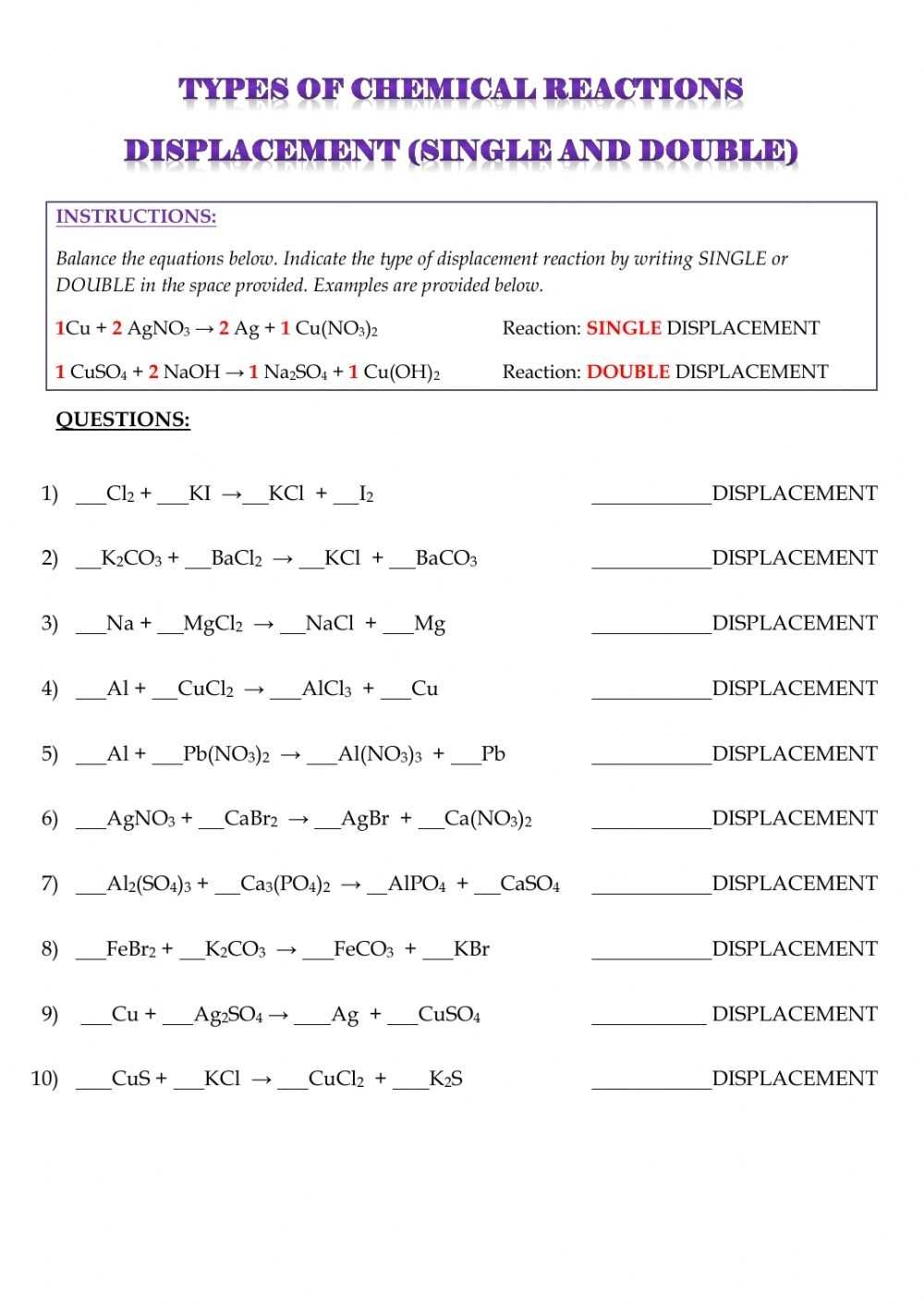 Classification Of Chemical Reactions Worksheet Answers - Types Of with regard to Types Of Chemical Reactions Worksheet