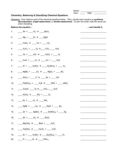 Classification Of Chemical Reactions Worksheet : Balancing Chemical Reactions Worksheets Pertaining To Classification Of Chemical Reactions Worksheet