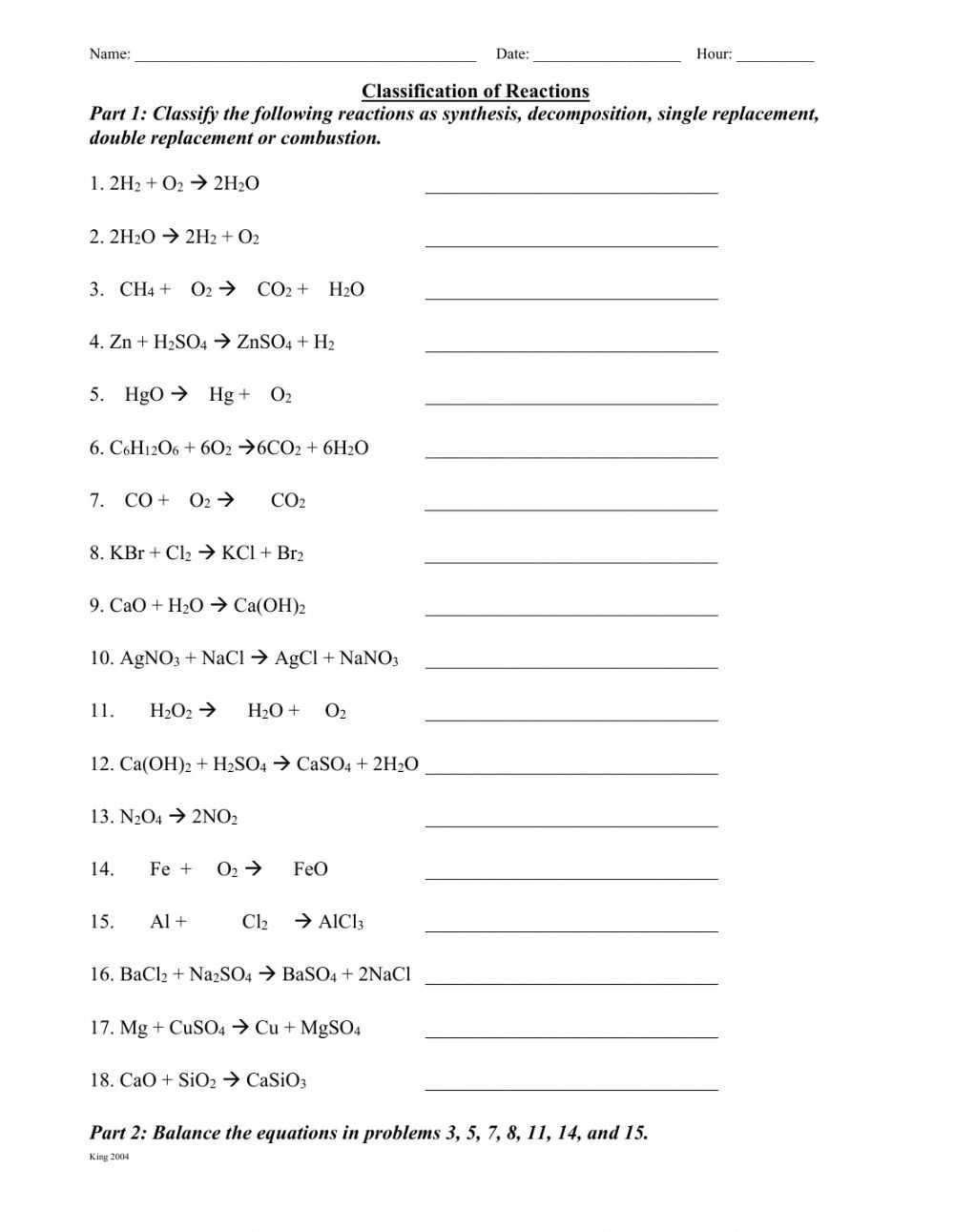 Classification Of Chemical Reactions Worksheet - Word Worksheet in Chemical Reactions Types Worksheet