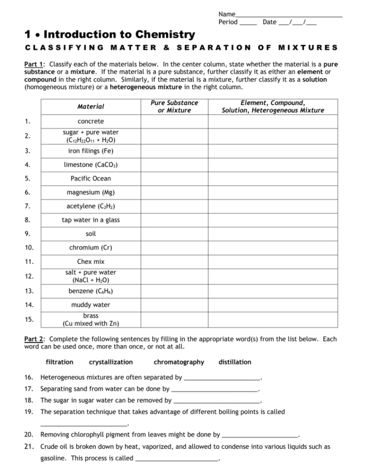 Classification Of Matter Worksheet Chemistry — Db-Excel inside Worksheet Classification Of Matter