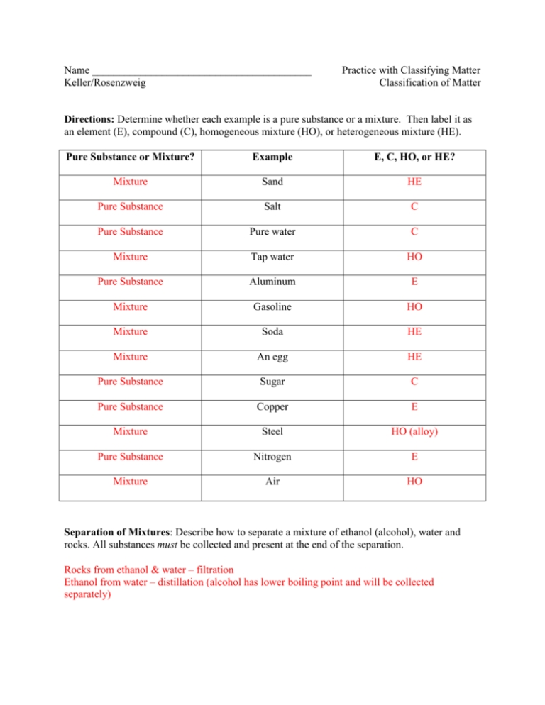 Classification Of Matter Worksheet Chemistry — Db Excel Intended For Worksheet Classification Of Matter