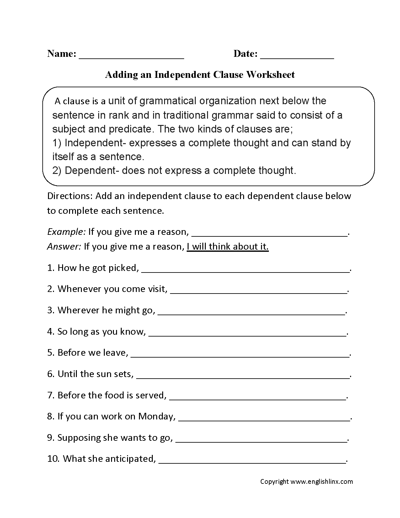 Clauses Worksheets | Adding An Independent Clause Worksheet within Phrase And Clause Worksheet