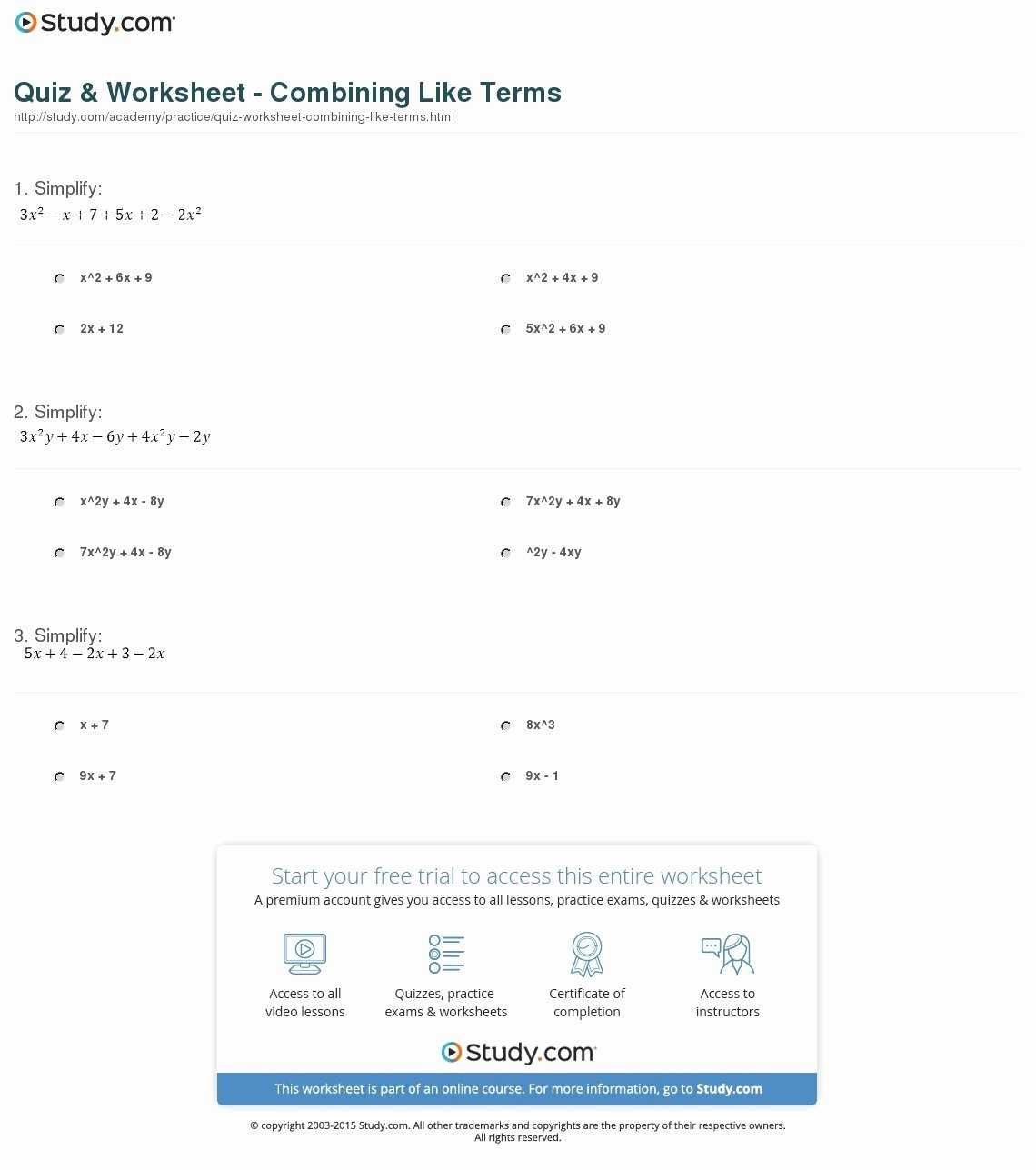 Combing Like Terms Worksheets throughout Combining Like Terms Worksheet Answers