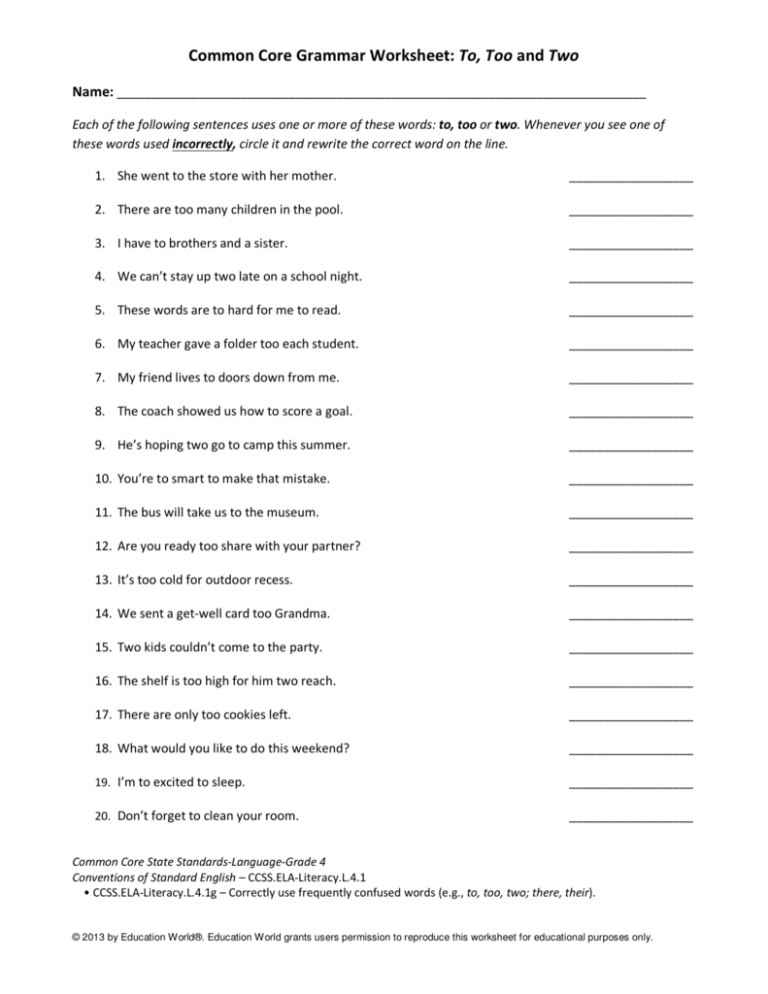 Common Core To, Too, Two Worksheet with To Too Two Worksheet