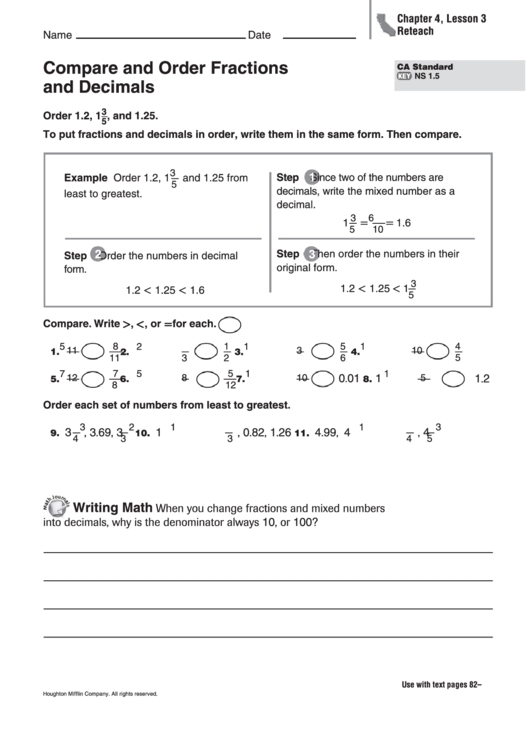 Compare And Order Fractions And Decimals Worksheet Printable Pdf Download Intended For Comparing Fractions And Decimals Worksheet