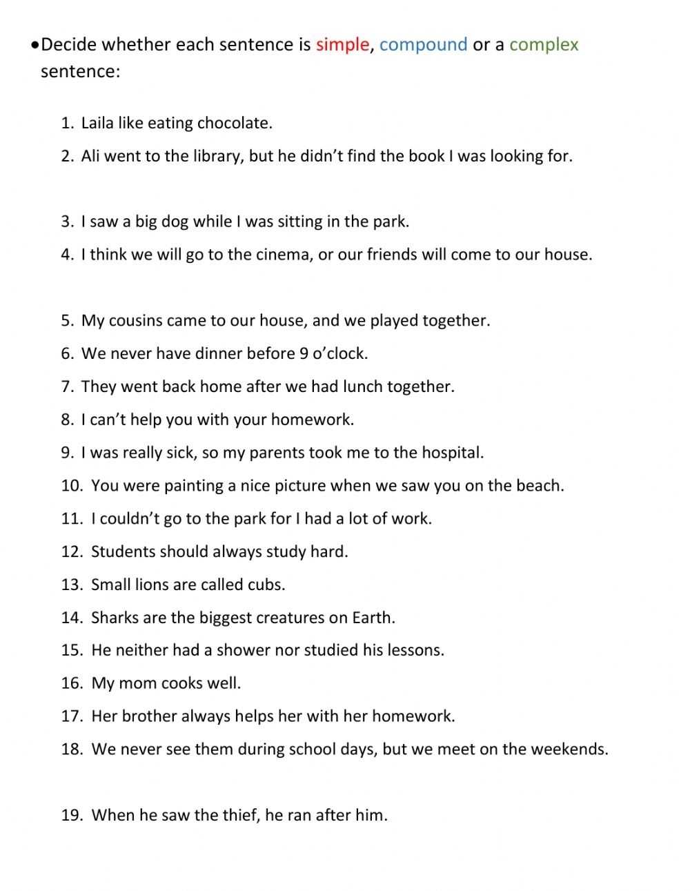 Compound And Complex Sentences Worksheet throughout Simple Compound Complex Sentences Worksheet