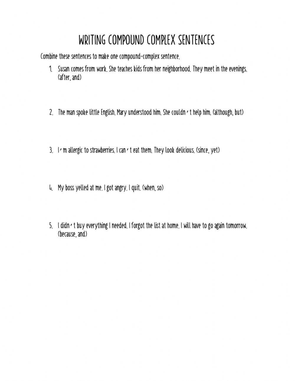 Compound-Complex Sentences Combination Worksheet with regard to Compound And Complex Sentences Worksheet