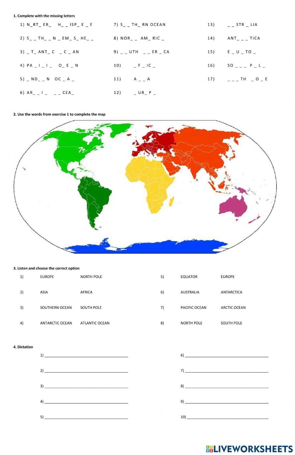 Continents And Oceans Interactive Activity For Elementary, Grade 4, Primaria Throughout Continents And Oceans Worksheet Pdf