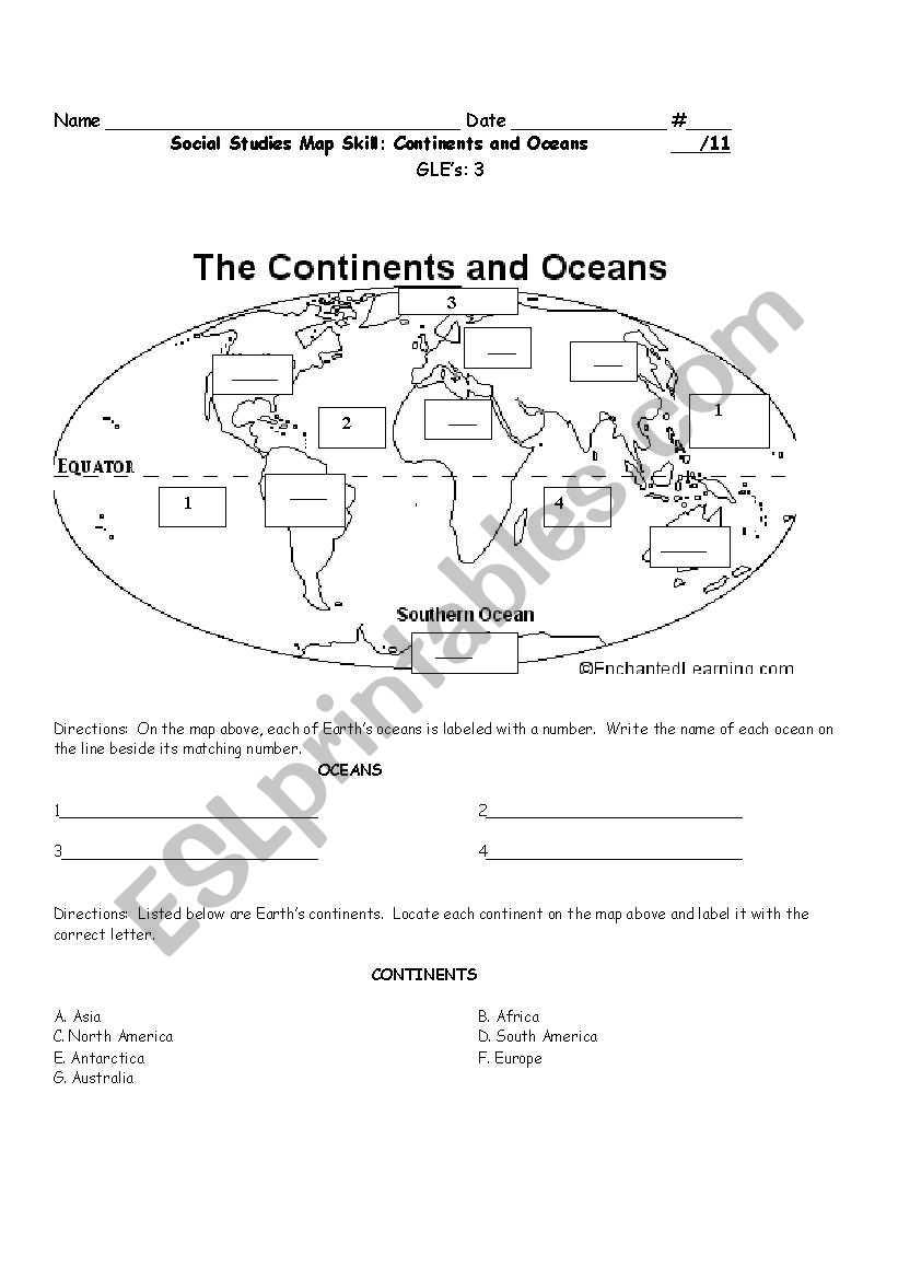 Continents And Oceans Worksheet with Continents And Oceans Worksheet