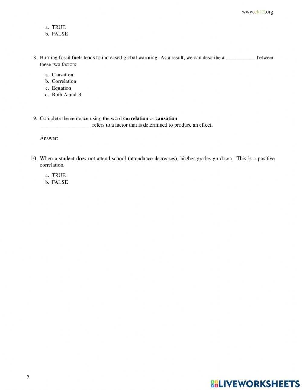 Correlation And Causation Worksheet inside Correlation Vs Causation Worksheet