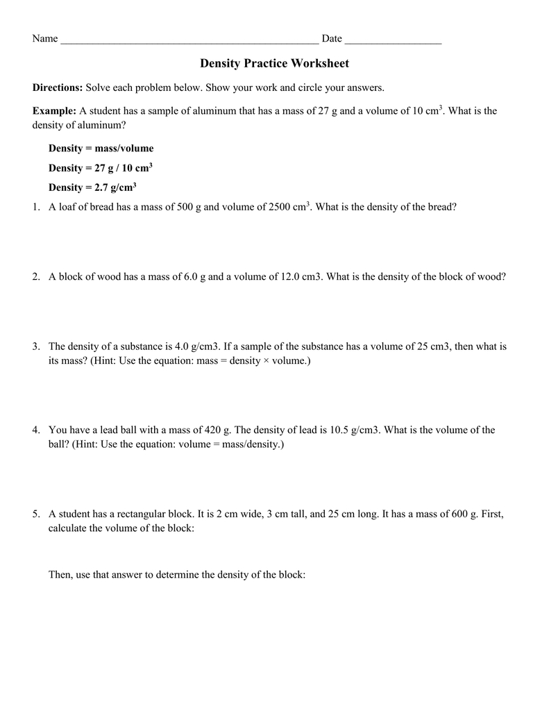 Density Practice Worksheet for Density Practice Problems Worksheet