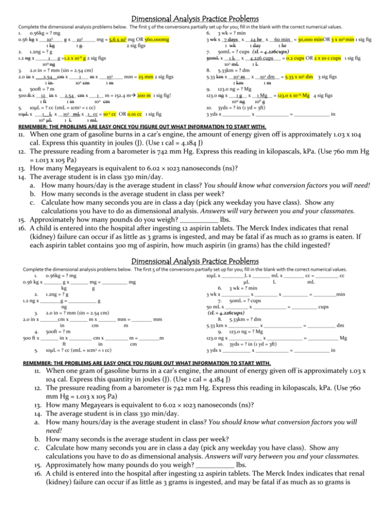 Dimensional Analysis Worksheet-Key with regard to Dimensional Analysis Worksheet Key
