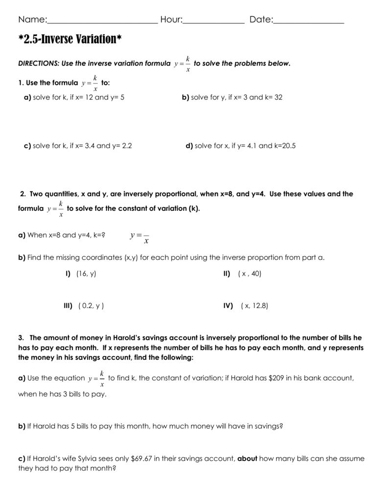 Direct And Inverse Variation Worksheet With Direct And Inverse Variation Worksheet