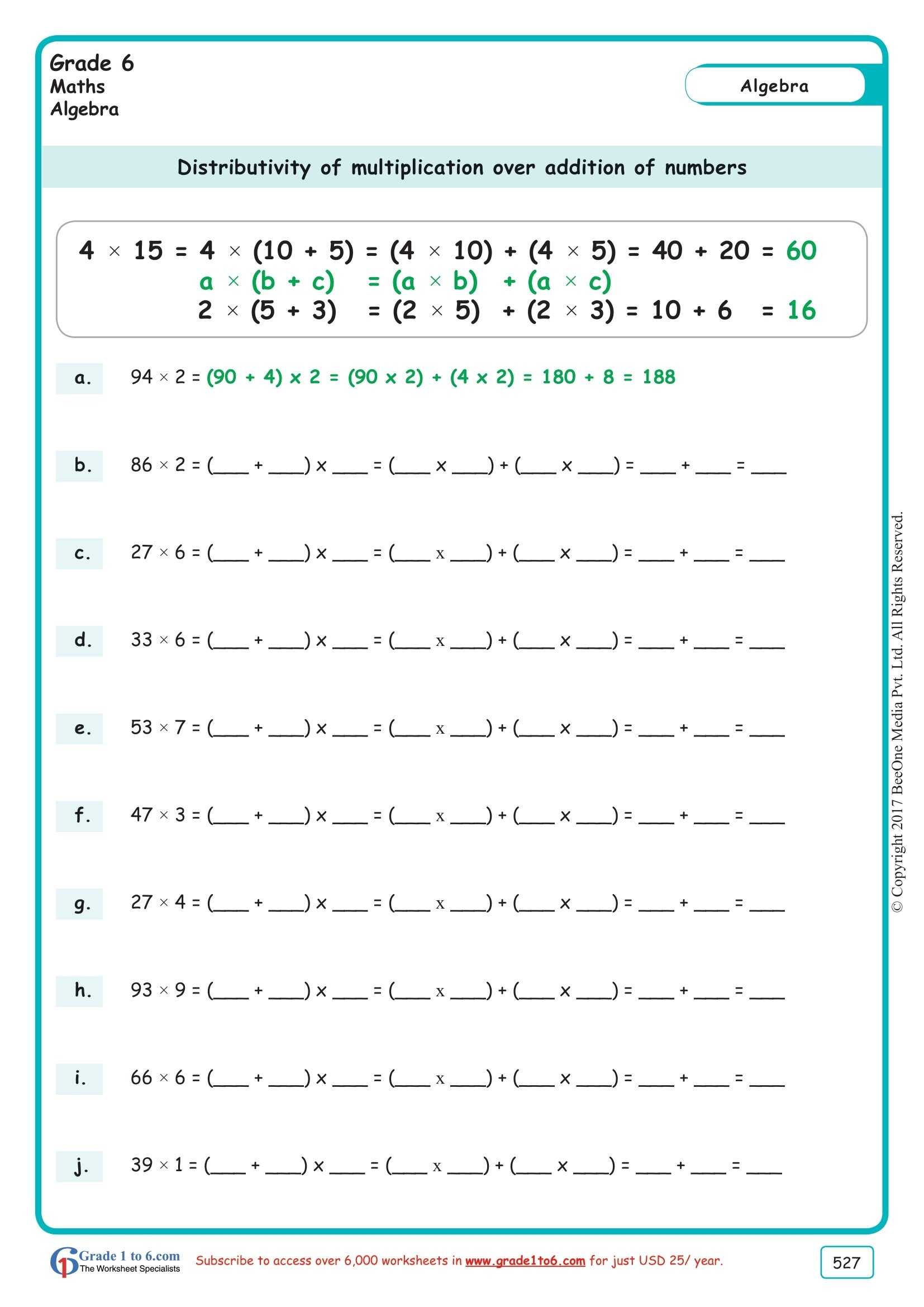 Distributive Property Of Multiplication Over Addition Worksheets With Using The Distributive Property Worksheet