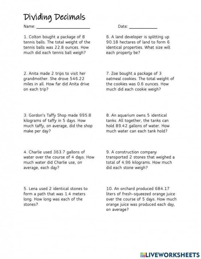 Divide Decimals By Whole Numbers: Word Problems Seventh Grade Math Worksheets - Free Printable pertaining to Dividing Decimals Word Problems Worksheet