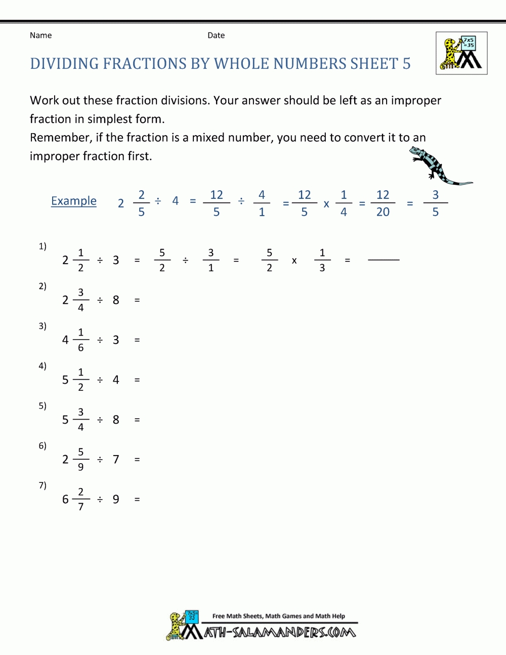 Dividing Fractions By Whole Numbers Throughout Dividing Mixed Numbers Worksheet