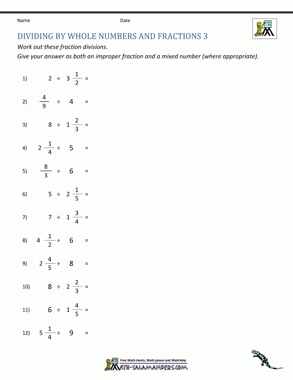 Dividing Fractions By Whole Numbers Worksheet intended for Dividing Fractions Worksheet Pdf