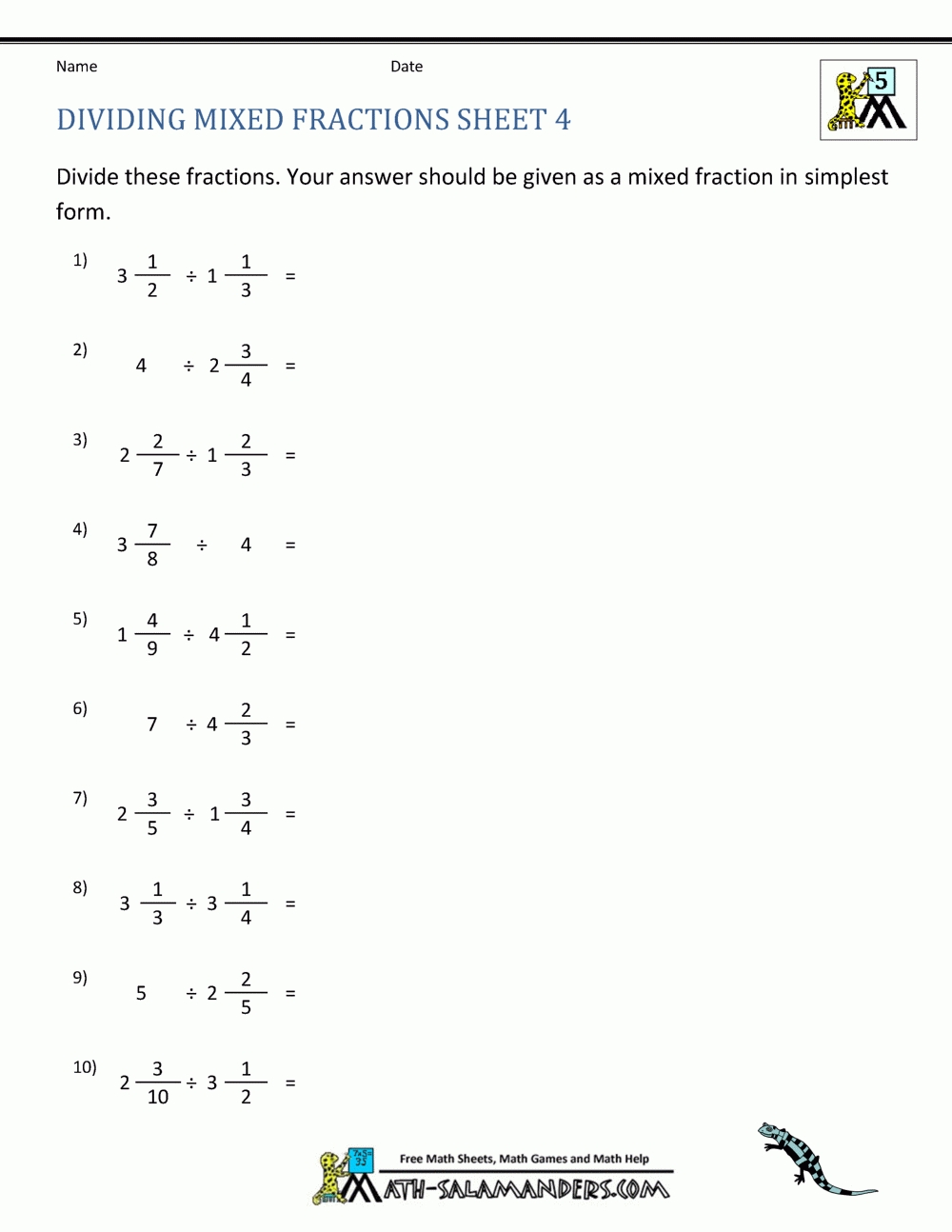 Dividing Mixed Fractions Within Dividing Fractions Word Problems Worksheet