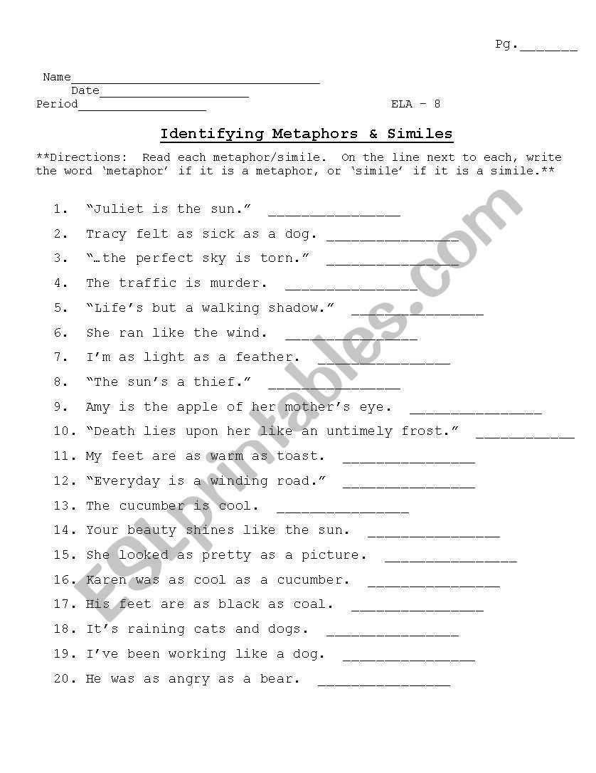 おしゃれな Simile And Metaphor Worksheet - ジャトガヤマ Pertaining To Simile And Metaphor Worksheet