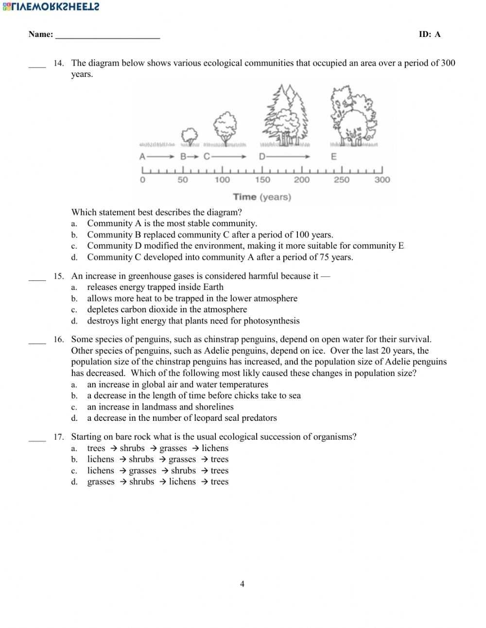 Eco Succession &amp; Environmental Change Test Worksheet with regard to Ecological Succession Worksheet High School