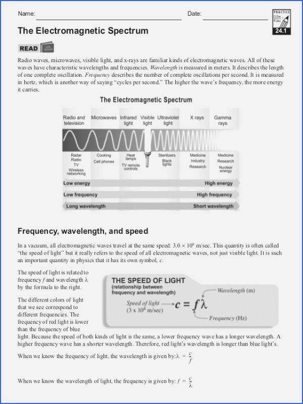 Electromagnetic Spectrum Worksheet Answers with Electromagnetic Spectrum Worksheet Answers