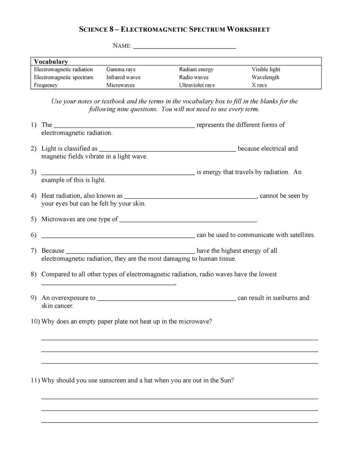 Electromagnetic Spectrum Worksheet High School with regard to Electromagnetic Spectrum Worksheet High School