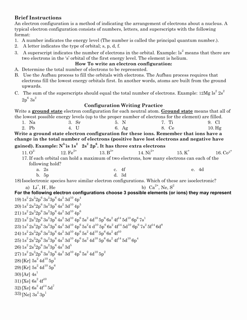 Electron Configurations Pacticew Worksheet With Key / 29 Electron Configuration Worksheet And In Electron Configuration Worksheet Answers Key