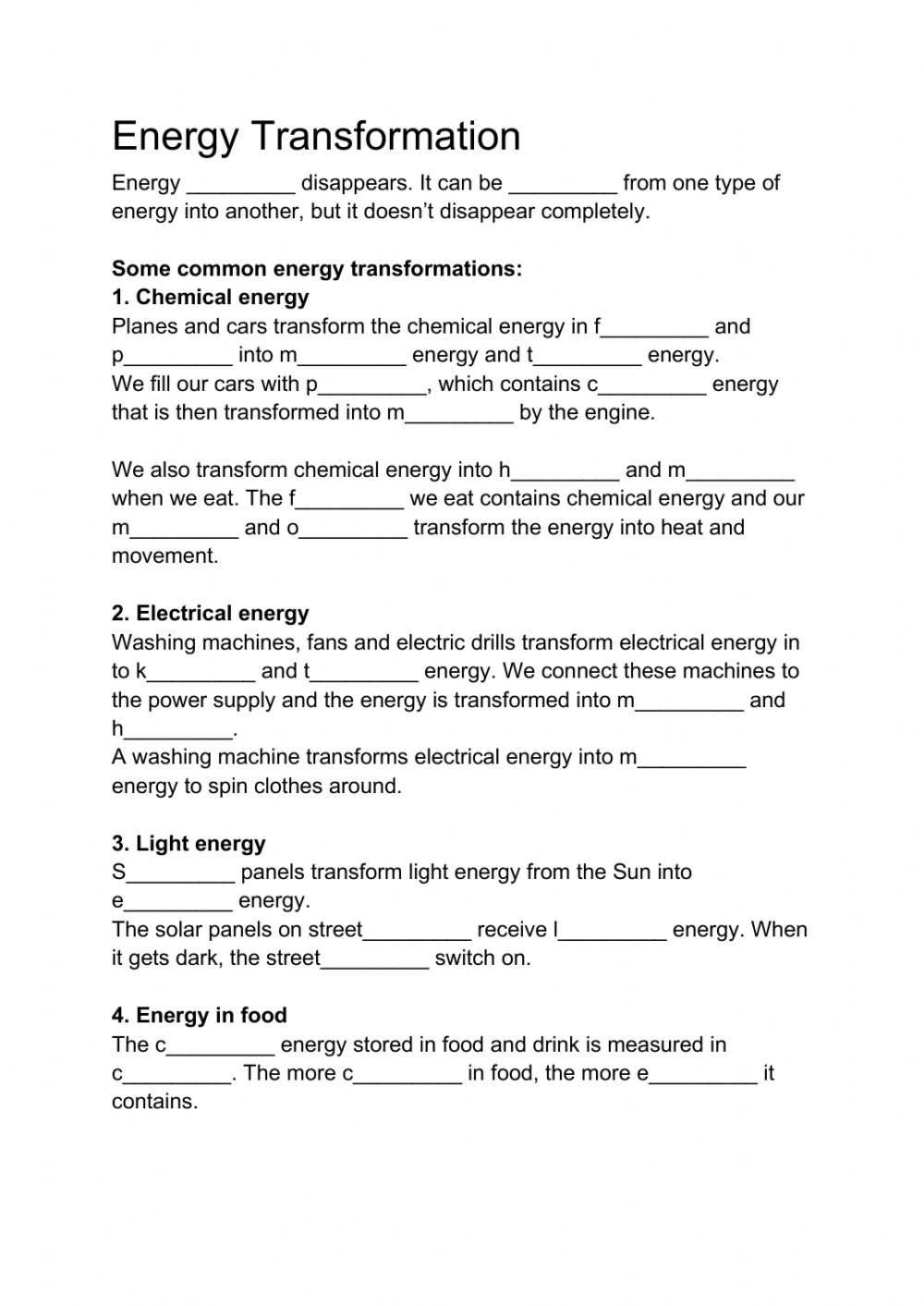 Energy Transformation Activity intended for Energy Transformation Worksheet Middle School