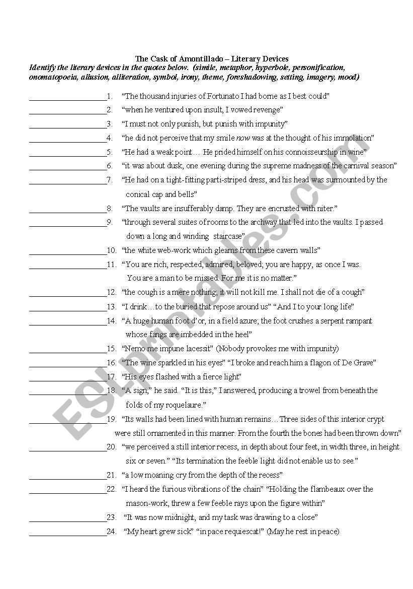 English Worksheets: Cask Of Amontillado In The Cask Of Amontillado Worksheet