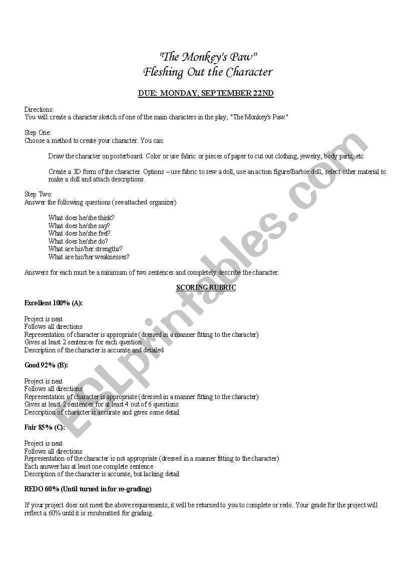English Worksheets: Character Analysis - The Monkey´s Paw with regard to The Monkey&amp;#039;s Paw Worksheet