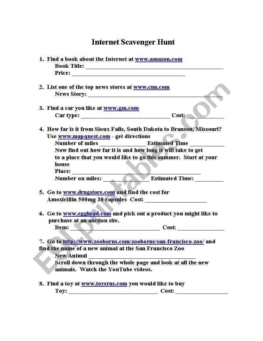 English Worksheets: Internet Scavenger Hunt Within Internet Scavenger Hunt Worksheet