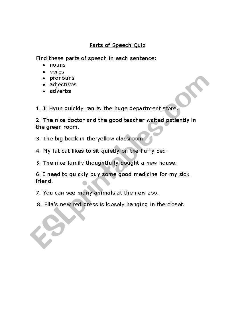 English Worksheets: Parts Of Speech Review in Parts Of Speech Review Worksheet