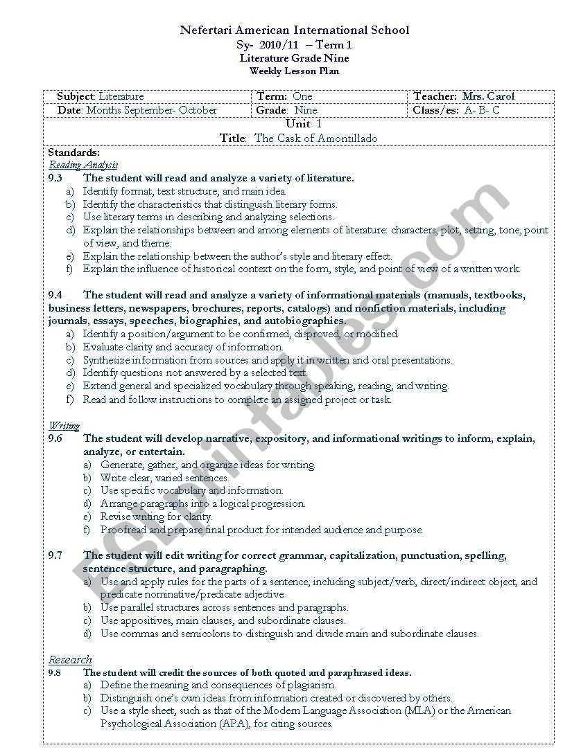 English Worksheets: The Cask Of Amontillado Lesson Plan Intended For The Cask Of Amontillado Worksheet
