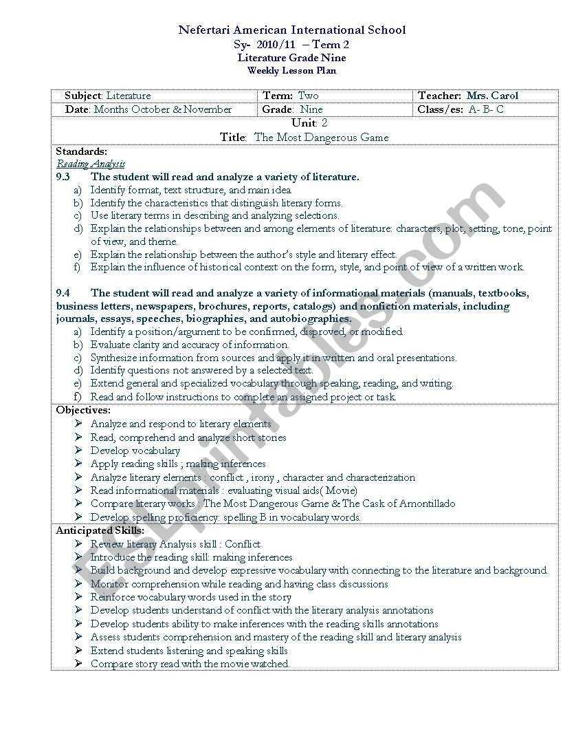 English Worksheets: The Most Dangerous Game Lesson Plan Intended For The Most Dangerous Game Worksheet
