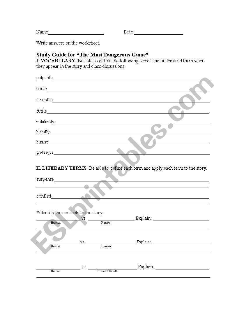 English Worksheets: The Most Dangerous Game Study Guide Throughout The Most Dangerous Game Worksheet