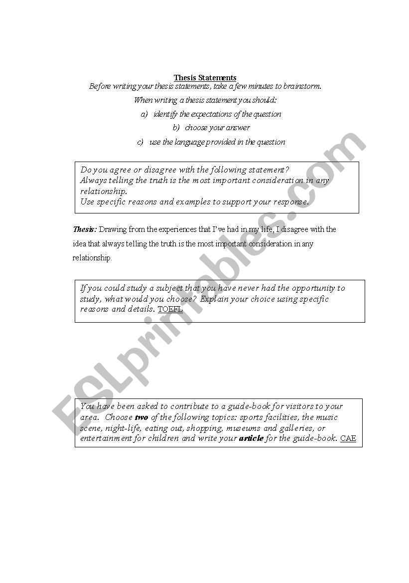 English Worksheets: Thesis Statements for Writing A Thesis Statement Worksheet