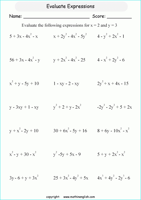 Evaluating Algebraic Expressions Worksheet : Evaluating Expressions Using Variables Worksheet With Regard To Writing And Evaluating Expressions Worksheet