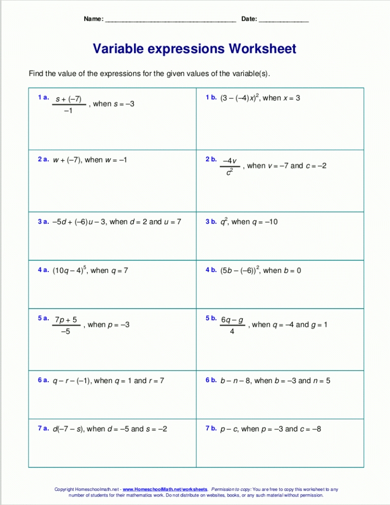 Evaluating Expressions With Exponents Worksheets — Db Excel In Writing And Evaluating Expressions Worksheet