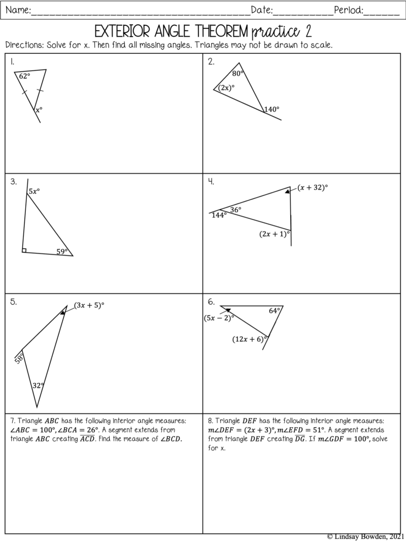Exterior Angle Theorem Notes &amp; Worksheets - Lindsay Bowden in Exterior Angle Theorem Worksheet
