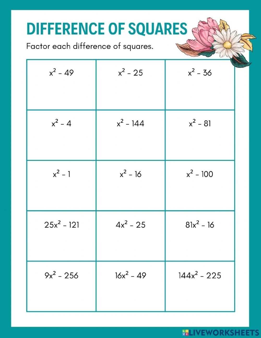 Factoring Difference Of Squares Worksheet Regarding Factoring Difference Of Squares Worksheet