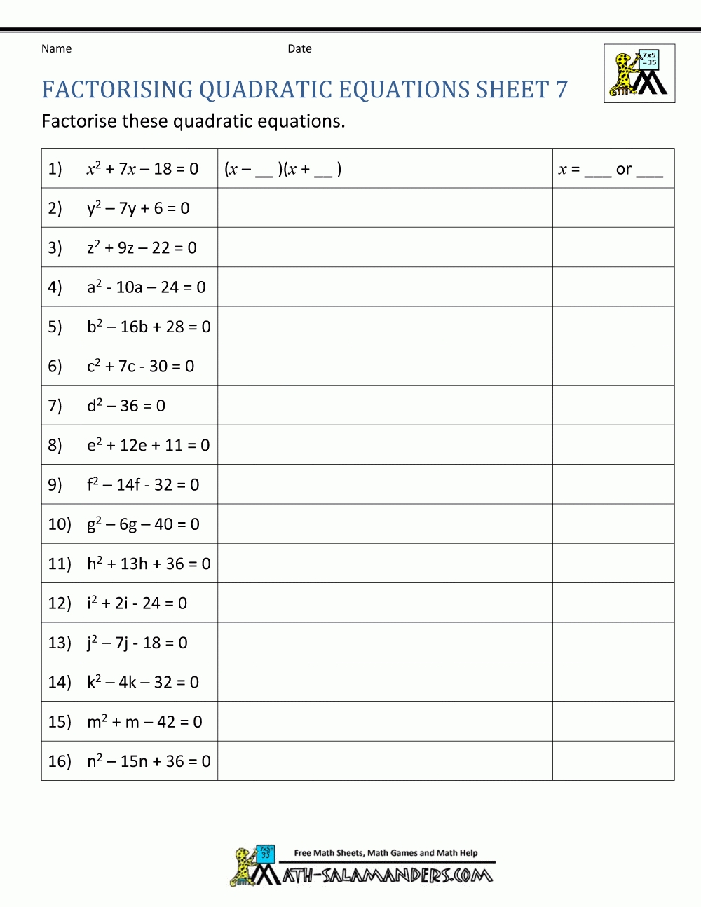 Factoring Quadratic Equations throughout Factoring Quadratic Expressions Worksheet