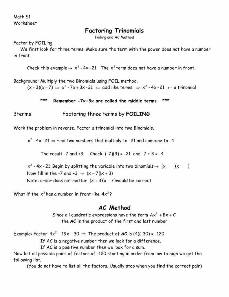 Factoring Trinomials Worksheet And Answers - Teddycrystal with Worksheet Factoring Trinomials Answers