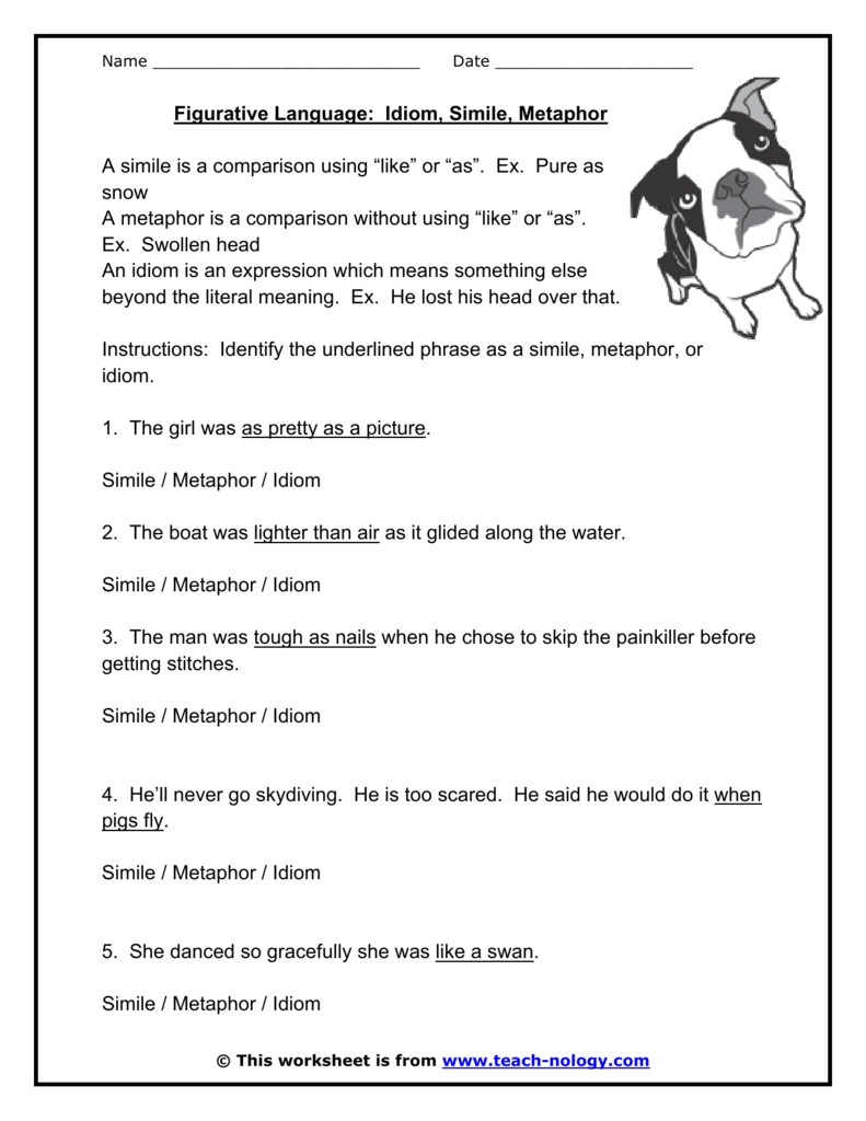 Figurative Language: Idiom, Simile, Metaphor regarding Similes And Metaphors Worksheet