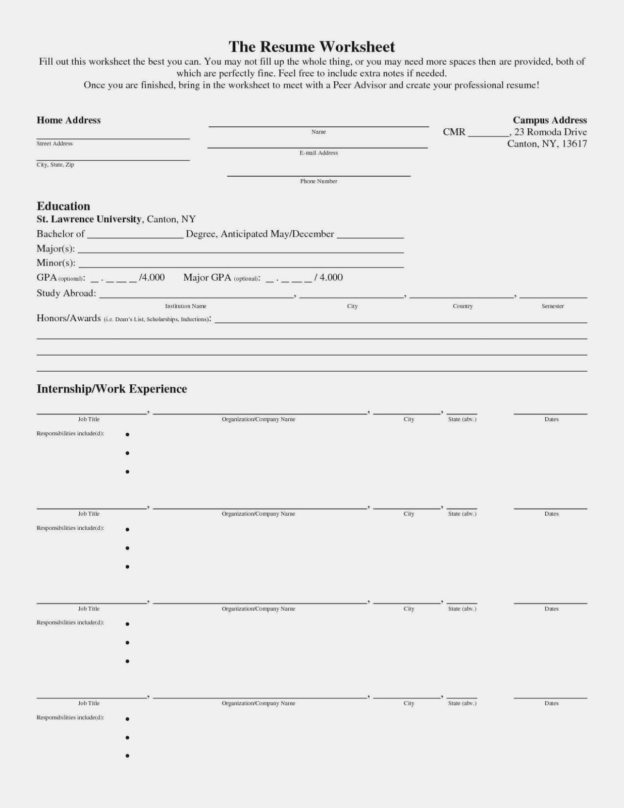 Fill In The Blank Resume Worksheet — Db-Excel within Resume Worksheet For Adults