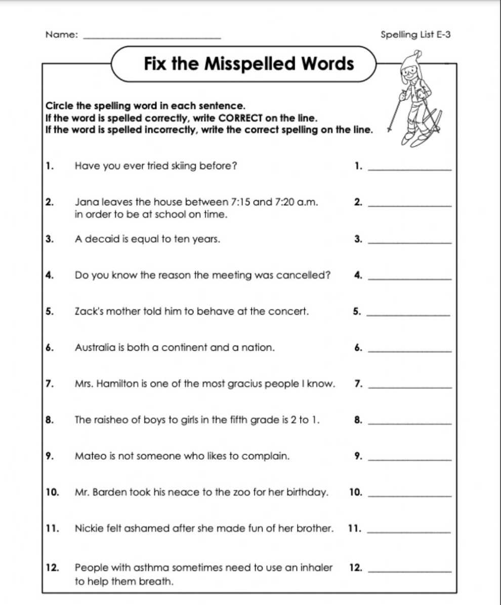 Fix The Mistakes E-3 6Th Grade Worksheet in 6th Grade Spelling Worksheet