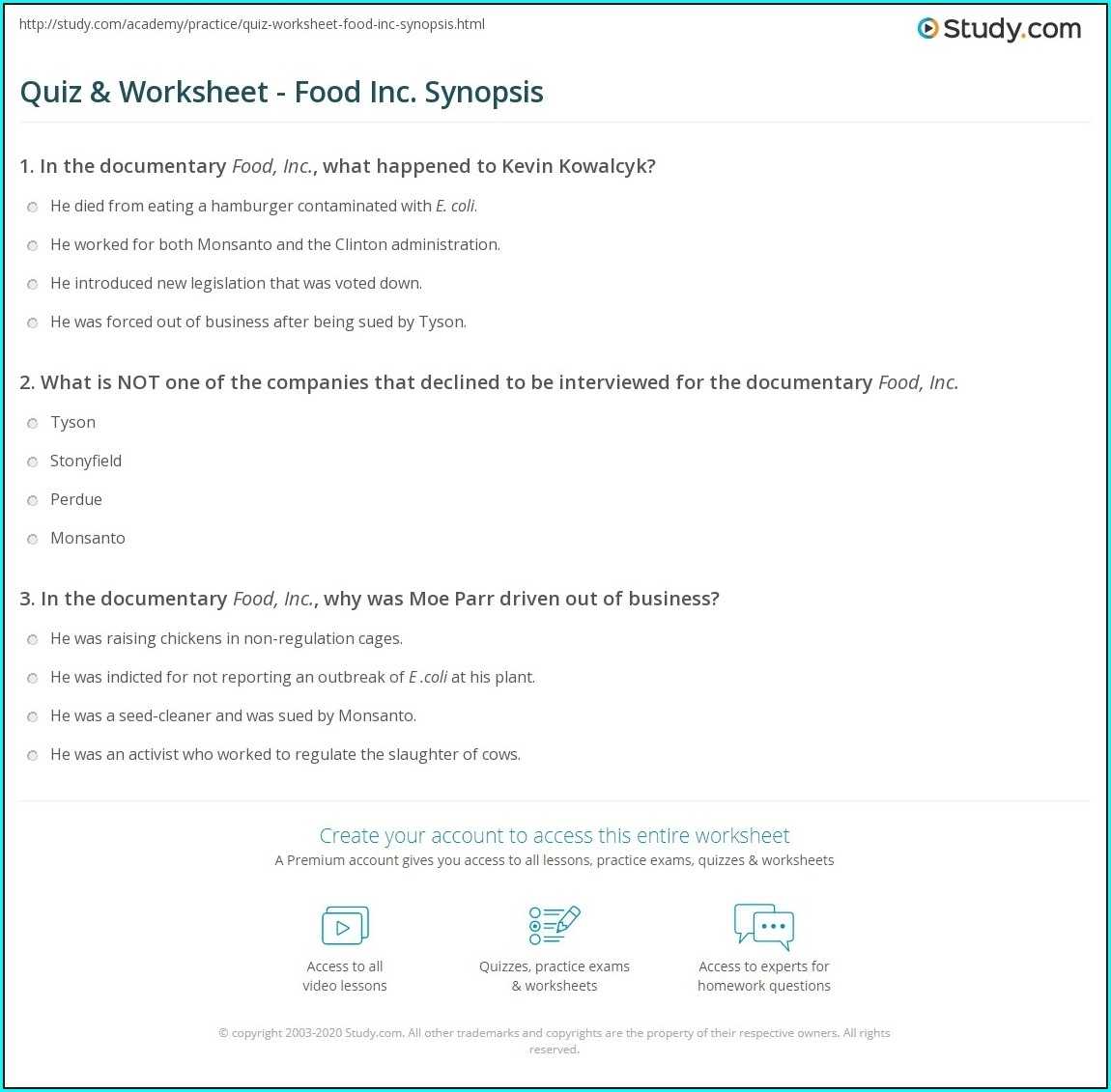 Food Inc Movie Worksheet Baldrige Answers Worksheet : Resume Examples with Food Inc Worksheet Answers