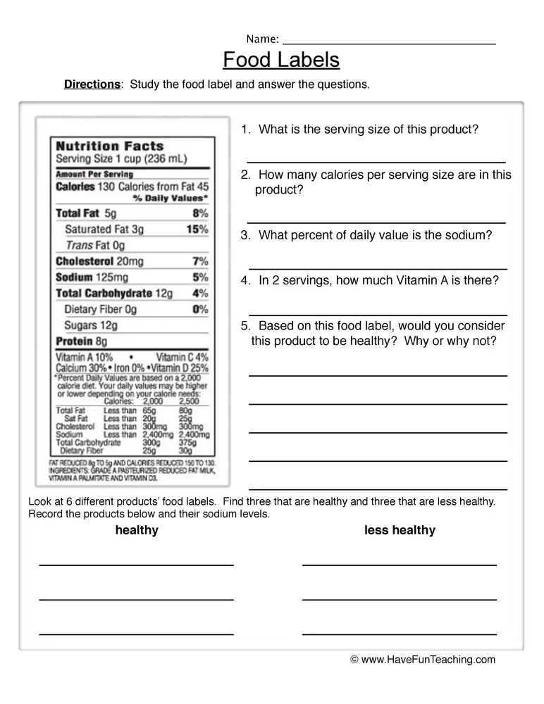 Food Label Worksheets - Nutrition Label Worksheet High School In Blank Nutrition Label Worksheet