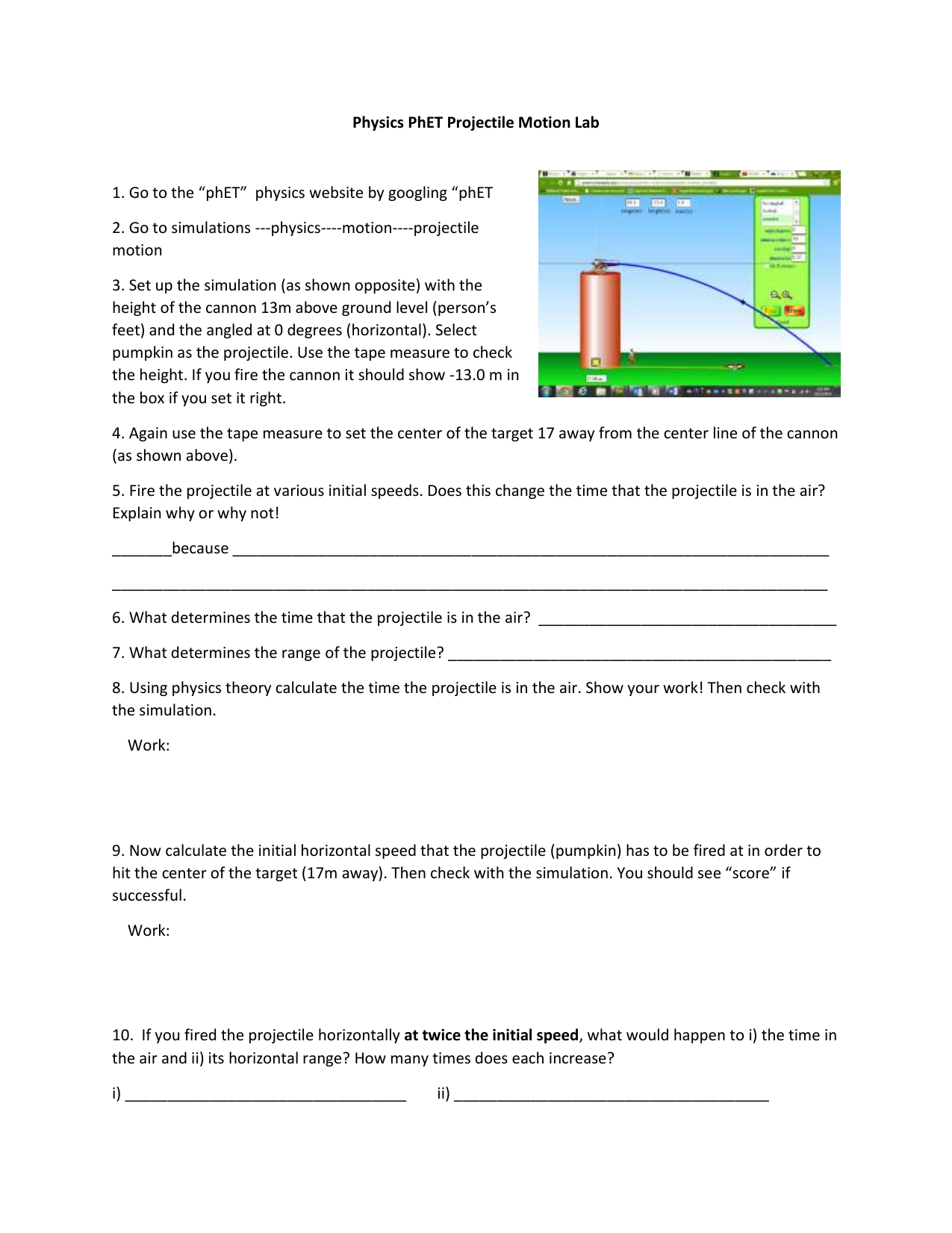 Forces And Motion Simulation Lab Answer Key : Online Phet Lab Projectiles Worksheet (1) - Name in Forces Worksheet 1 Answer Key